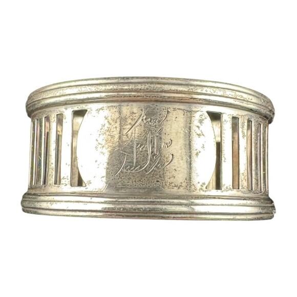 Antique Silver Mystery Monogram Openwork Napkin Ring with Heirloom Charm (15g) - Picture 1 of 4